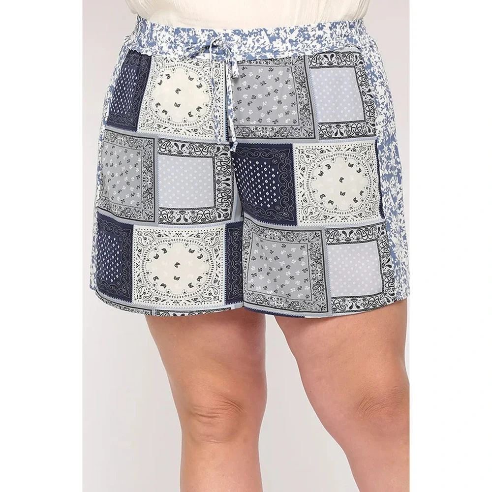 PH1178 B GiGio Patchwork Print Mixed and Elastic Waist Shorts Plus Sizes